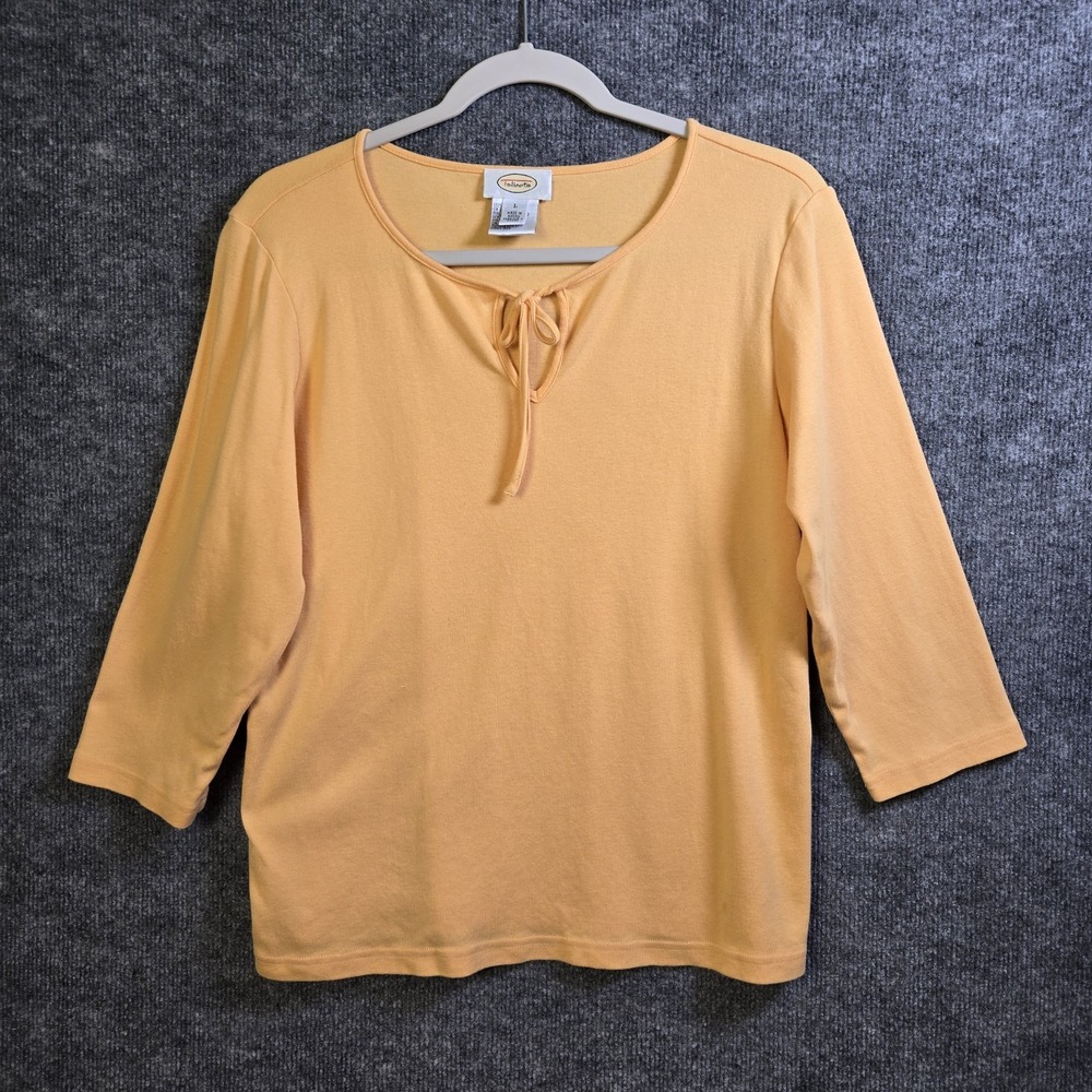 Talbots T Shirt Womens L Peach Cotton 3/4 Sleeve Tie Neck Everyday
